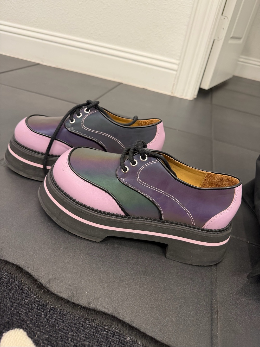 John Fluevog Purple and Blue Iridescent Platform Oxfords - Picture 8 of 9